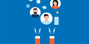 Hands holding a magnet attracting customer icons, digital tools, and engagement symbols in a marketing illustration