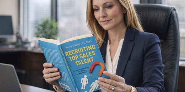 Reading_Recruiting_Top_Sales_Talent_Book_Professional_Development_Office_Setting_Business_Learning Person reading a book on recruiting top sales talent while seated in a professional office environment