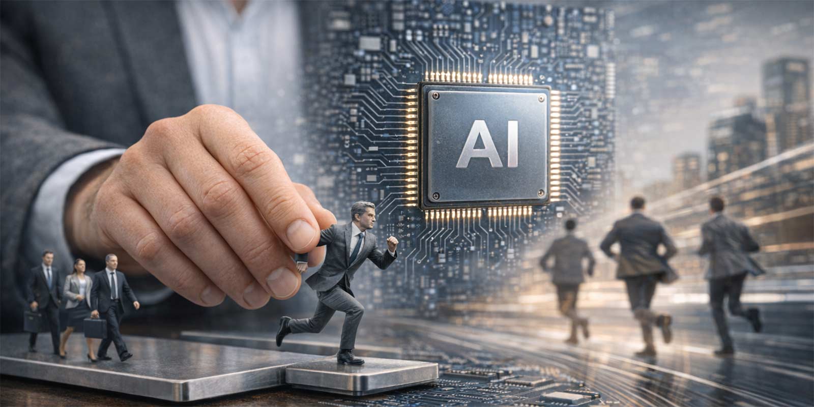 Miniature businesspeople racing toward an AI chip as a hand launches a figure forward, symbolizing tech driven competition