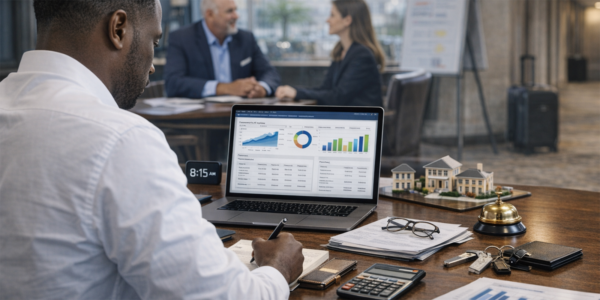 Person reviewing financial charts on a laptop at a busy office desk with documents, calculator, and hotel models