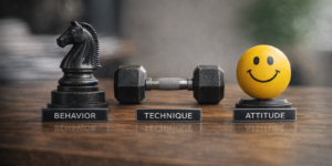 Chess knight, dumbbell, and smiley ball labeled behavior, technique, and attitude on a wooden table