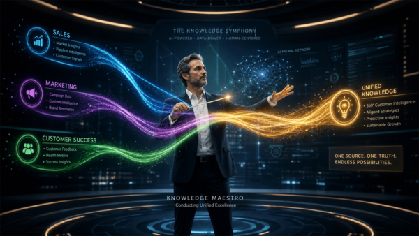 Person conducting colorful data streams representing sales, marketing, and customer success unified by AI knowledge