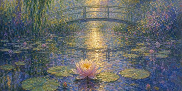 Impressionist painting of a pond with water lilies and a wooden bridge reflecting golden sunset light