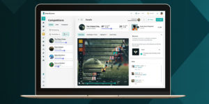 Laptop displaying SalesScreen dashboard with active sales competitions, leaderboard, and chat interface