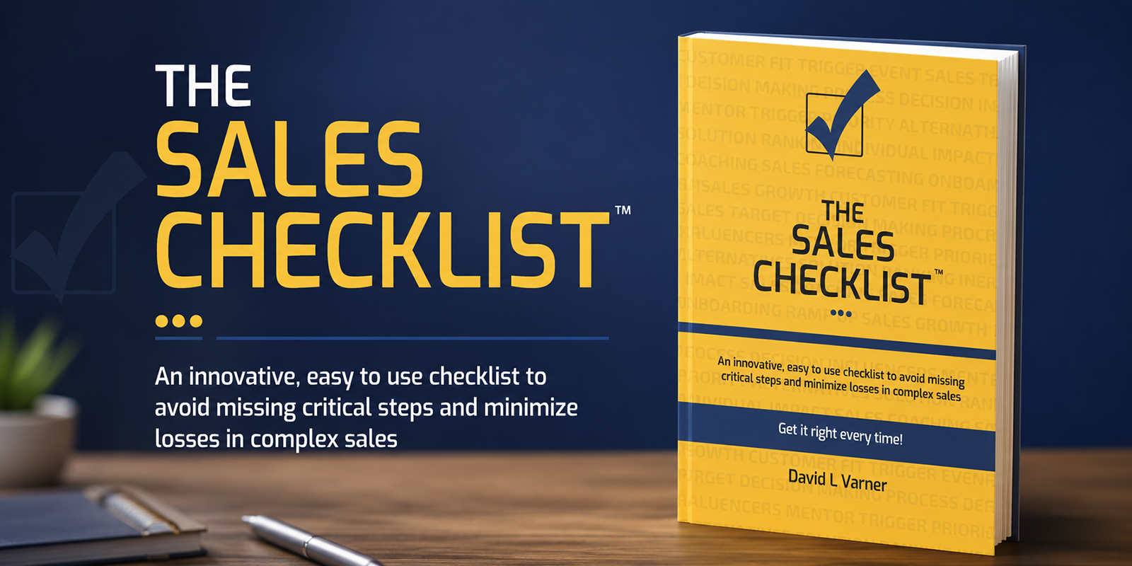 Promotional image of “The Sales Checklist” book by David L. Varner featuring a yellow cover with a checkmark and sales tagline