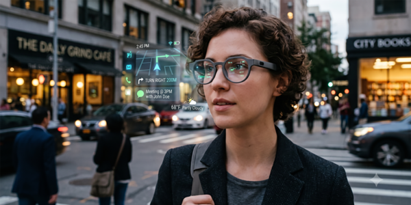 Woman wearing smart glasses displaying augmented reality navigation and meeting info while walking through a busy city street