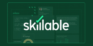Skillable logo with green checkmark over digital coding interface background representing skill development and certification