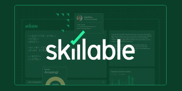 Skillable logo with green checkmark over digital coding interface background representing skill development and certification