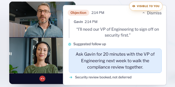 Screenshot of a video call showing two participants and an AI generated suggested follow up message about a security review