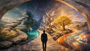 Surreal artwork showing a man standing before a fantastical landscape with crystals, glowing tree, river, and floating stone path