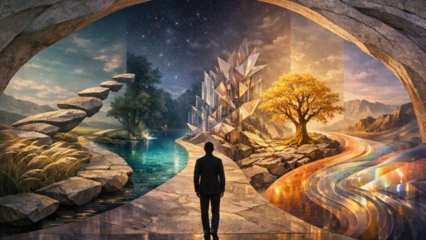 Surreal artwork showing a man standing before a fantastical landscape with crystals, glowing tree, river, and floating stone path