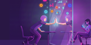 Illustration of a woman touching her digital reflection through a glass wall surrounded by glowing technology icons symbolizing connection and data