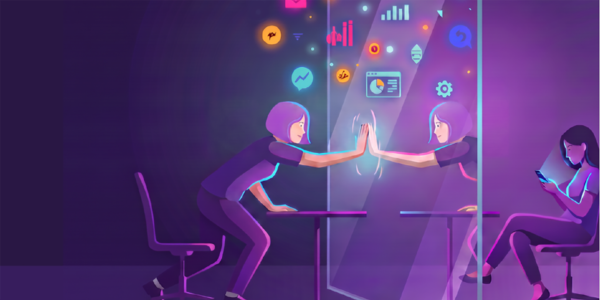 Illustration of a woman touching her digital reflection through a glass wall surrounded by glowing technology icons symbolizing connection and data