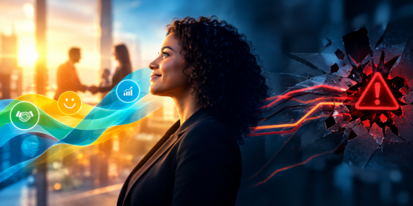 Profile of confident businesswoman with colorful success icons on one side and a red warning symbol on the other representing risk and reward