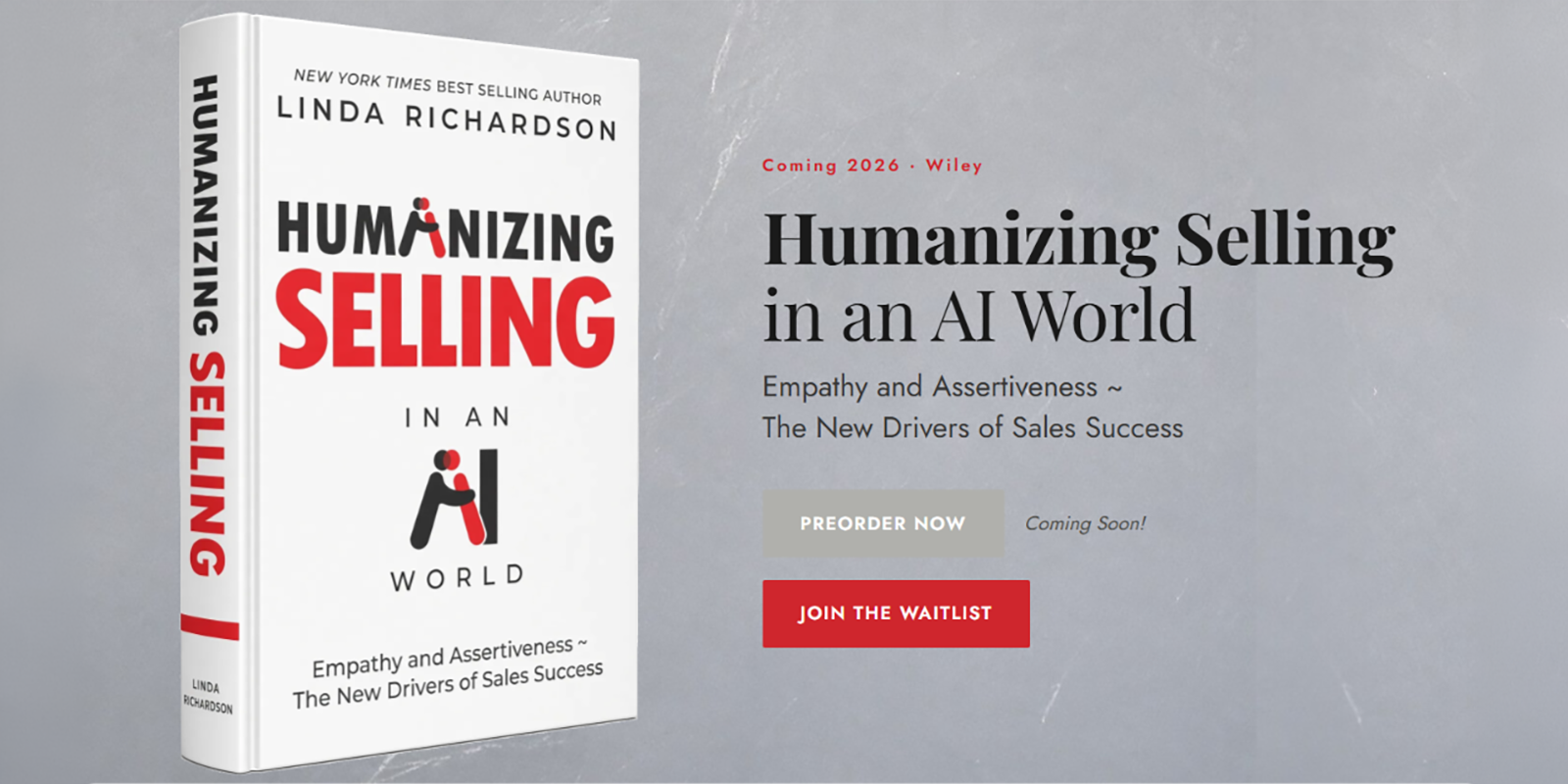 Promotional image of Linda Richardson’s book “Humanizing Selling in an AI World” highlighting empathy and assertiveness in sales