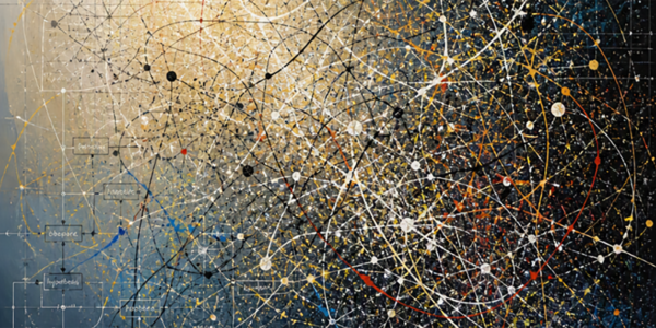 Abstract_Science_And_Data_Visualization_Painting_With_Interconnected_Lines_Particles_And_Analytical_Concepts Abstract artwork featuring intersecting colorful lines, dots, and labelled scientific terms symbolizing data analysis and interconnected logic