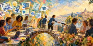 Colorful painting of diverse professionals collaborating across a bridge surrounded by digital icons representing ideas, learning, and teamwork