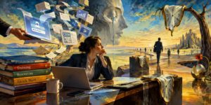 Surreal painting of a businesswoman at a desk with laptop, floating data screens, melting clocks, and a giant face symbolizing time and technology