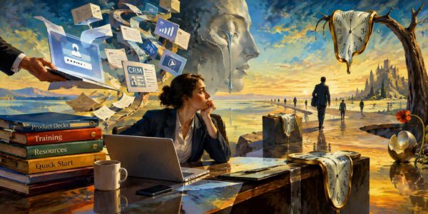 Surreal painting of a businesswoman at a desk with laptop, floating data screens, melting clocks, and a giant face symbolizing time and technology