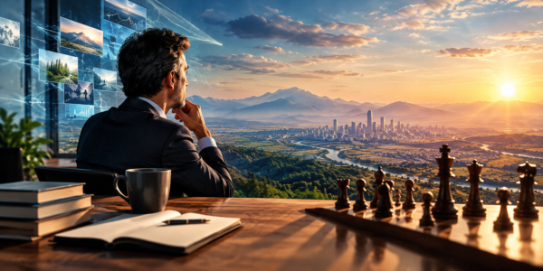 Business_Leader_Strategic_Thinking_At_Sunset_Overlooking_Cityscape_With_Chessboard_And_Digital_Visualization Business leader sitting at a desk with chess pieces and digital screens, gazing at a city skyline and mountains during sunset symbolizing strategy and vision